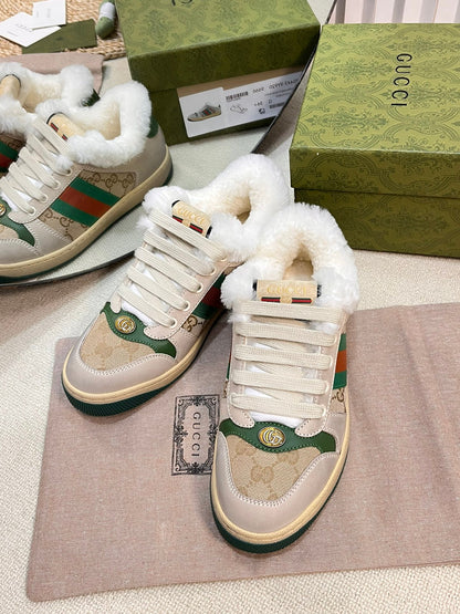 SNEAKER WITH WEB IN BEIGE GREEN FABRIC MIX SUEDE AND LAMB WOOL LINING