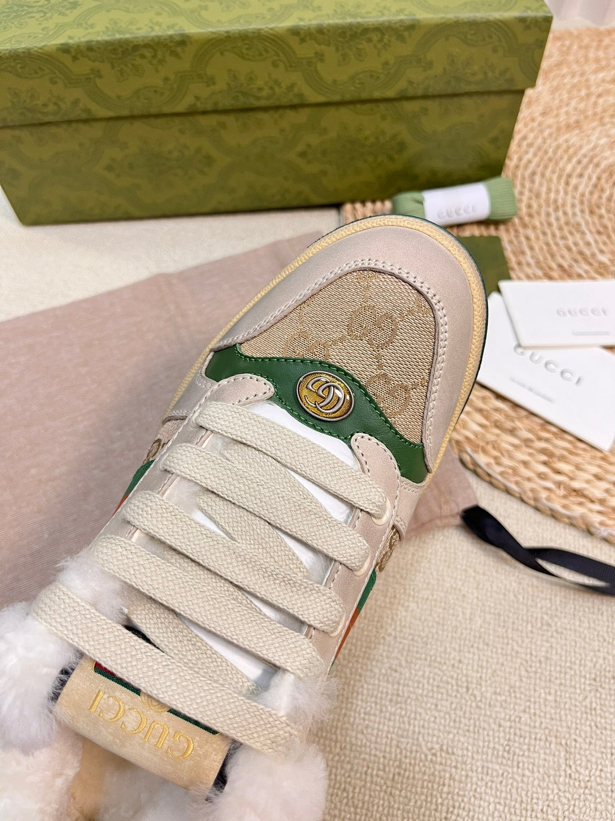 SNEAKER WITH WEB IN BEIGE GREEN FABRIC MIX SUEDE AND LAMB WOOL LINING
