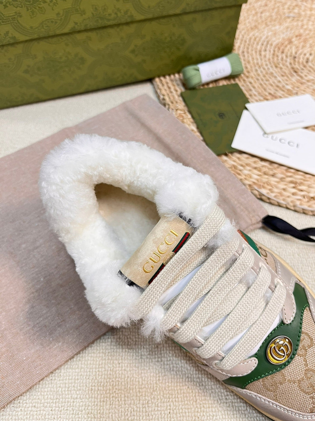 SNEAKER WITH WEB IN BEIGE GREEN FABRIC MIX SUEDE AND LAMB WOOL LINING