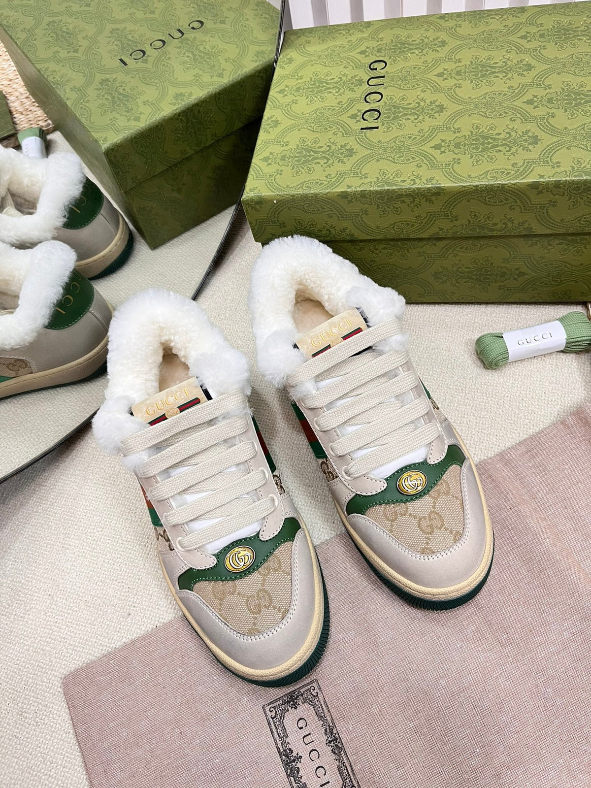 SNEAKER WITH WEB IN BEIGE GREEN FABRIC MIX SUEDE AND LAMB WOOL LINING