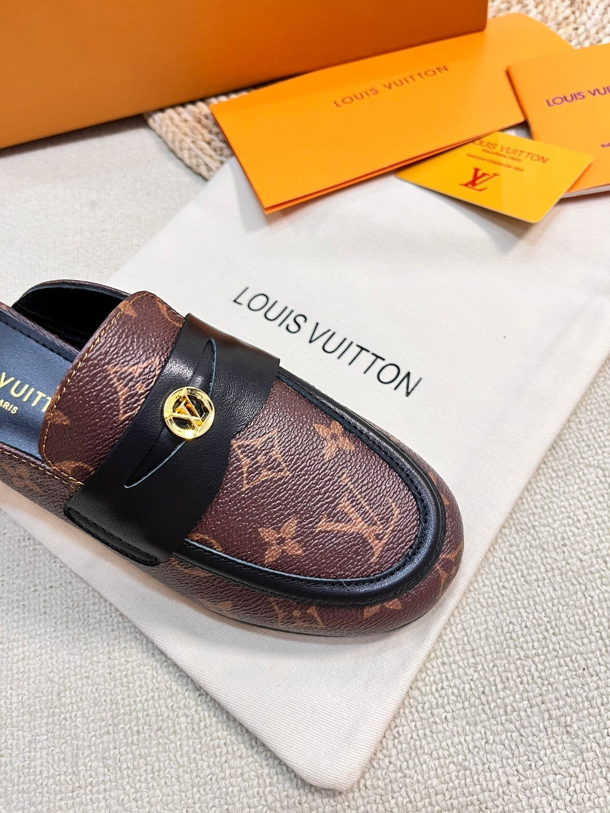 LV CAPRI OPEN BACK LOAFERS IN CHESTNUT BROWN MONOGRAM CALFSKIN