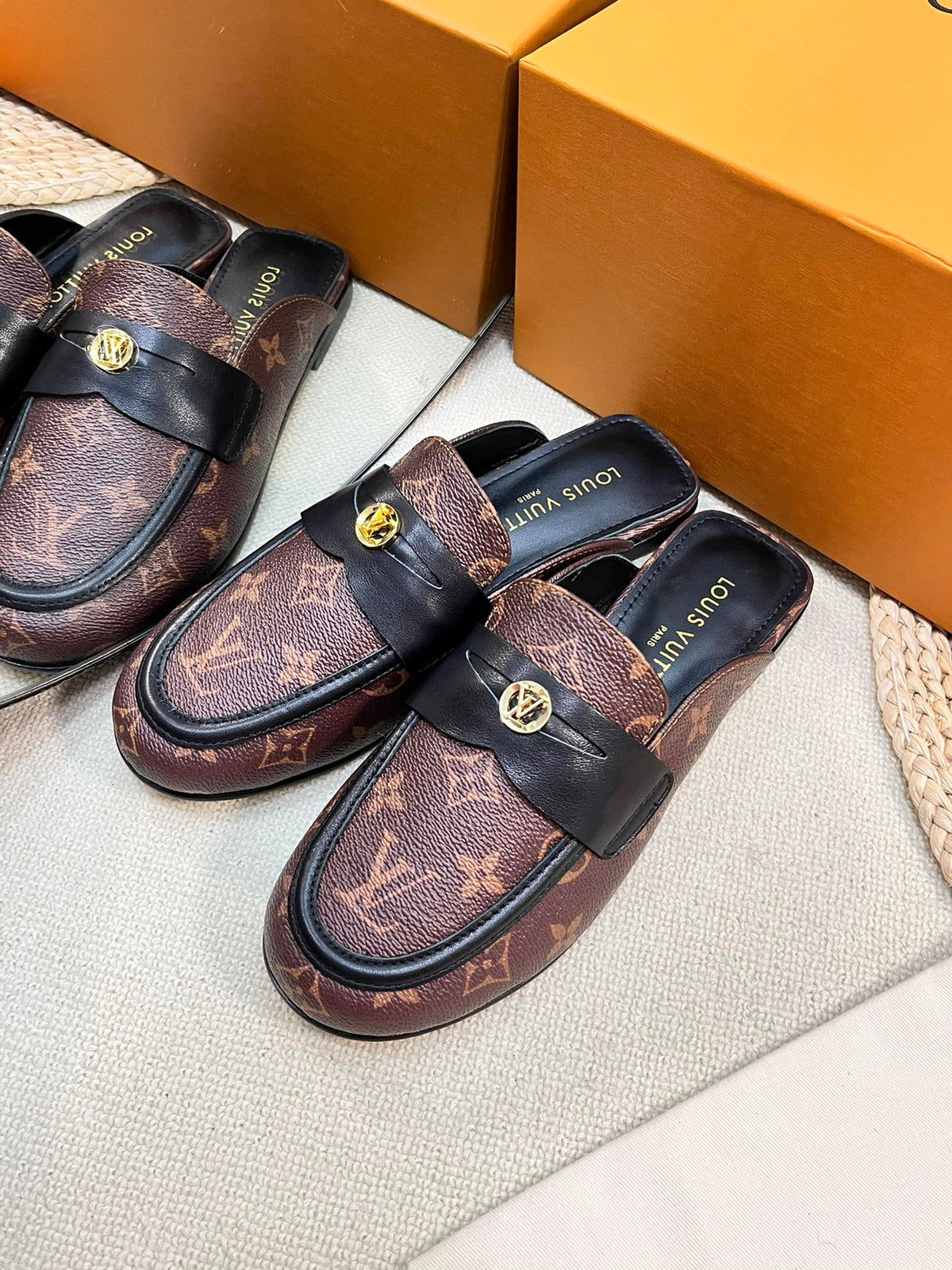 LV CAPRI OPEN BACK LOAFERS IN CHESTNUT BROWN MONOGRAM CALFSKIN