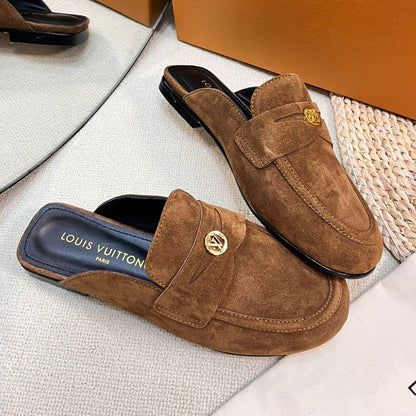 LV CAPRI OPEN BACK LOAFERS IN CHOCOLATE BROWN SUEDE