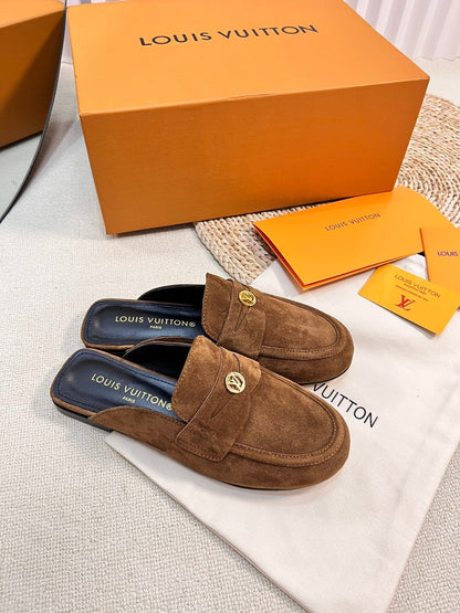 LV CAPRI OPEN BACK LOAFERS IN CHOCOLATE BROWN SUEDE