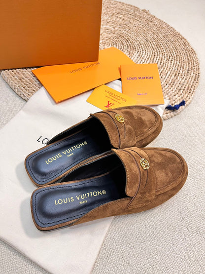 LV CAPRI OPEN BACK LOAFERS IN CHOCOLATE BROWN SUEDE