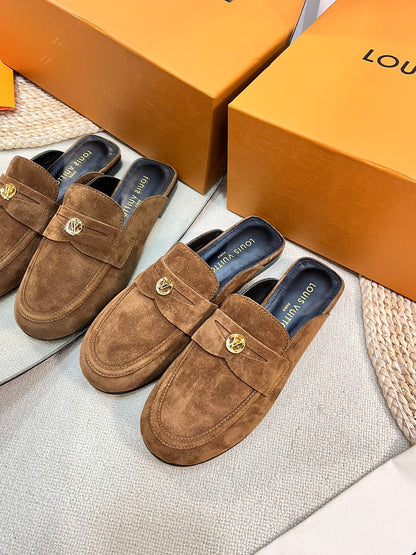 LV CAPRI OPEN BACK LOAFERS IN CHOCOLATE BROWN SUEDE