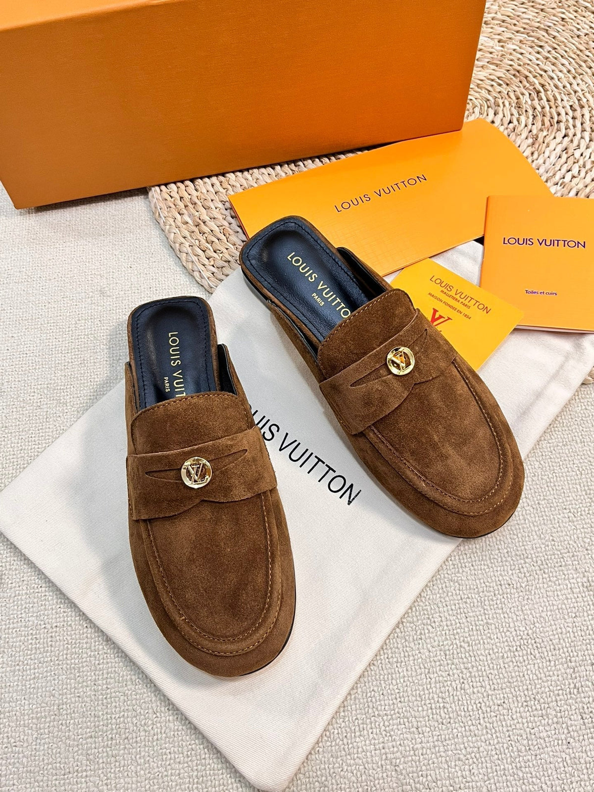LV CAPRI OPEN BACK LOAFERS IN CHOCOLATE BROWN SUEDE