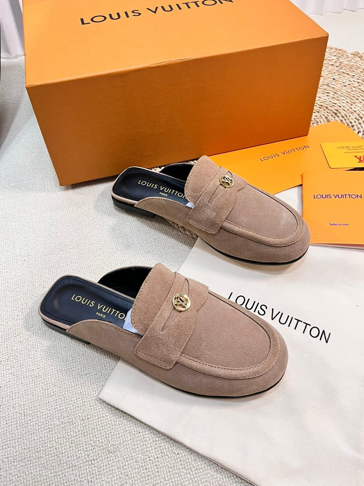 LV CAPRI OPEN BACK LOAFERS IN MEDIUM BROWN SUEDE