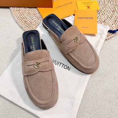 LV CAPRI OPEN BACK LOAFERS IN MEDIUM BROWN SUEDE