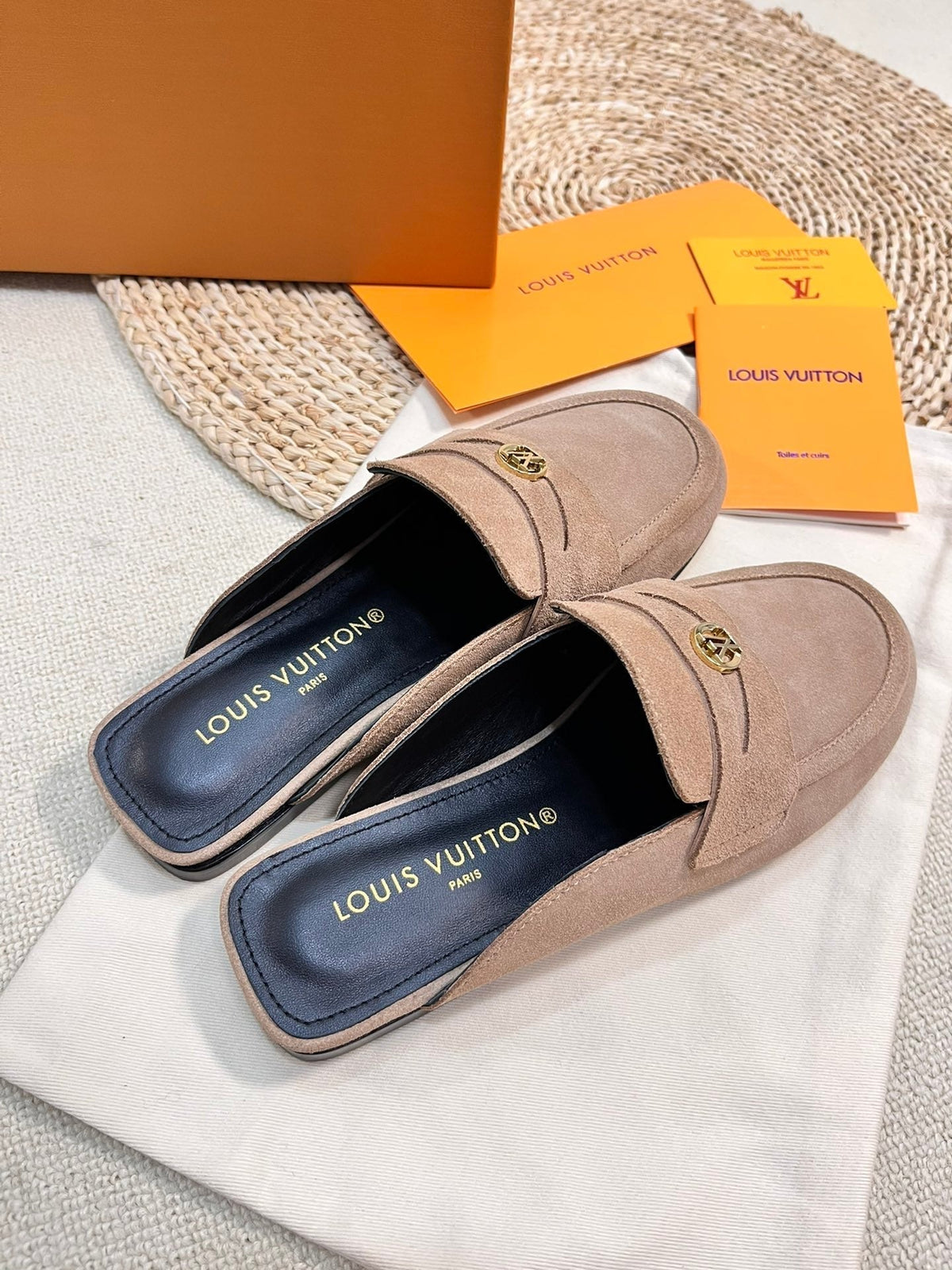 LV CAPRI OPEN BACK LOAFERS IN MEDIUM BROWN SUEDE