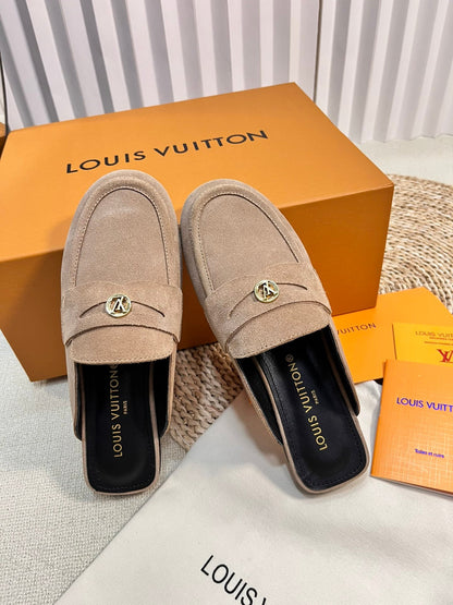 LV CAPRI OPEN BACK LOAFERS IN MEDIUM BROWN SUEDE