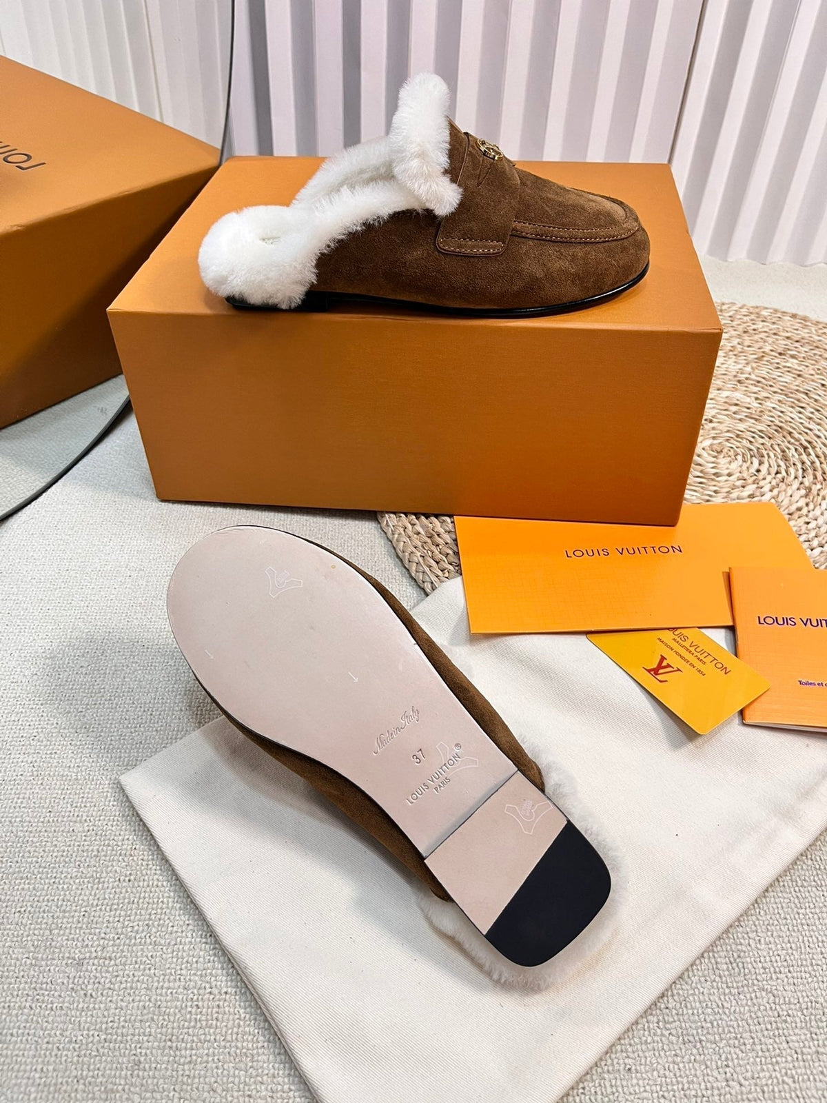 LV COSY FLAT COMFORT CLOG IN RUSSET BROWN SUEDE AND SHEARLING LINING