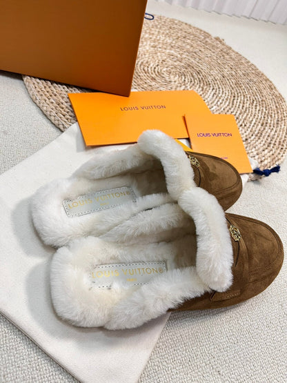 LV COSY FLAT COMFORT CLOG IN RUSSET BROWN SUEDE AND SHEARLING LINING