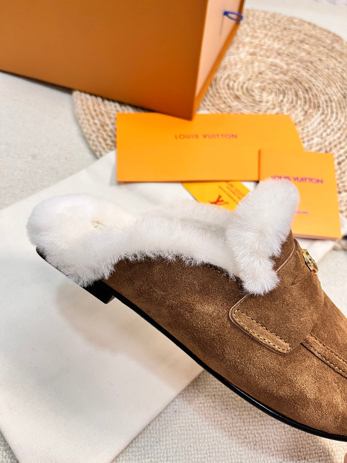 LV COSY FLAT COMFORT CLOG IN RUSSET BROWN SUEDE AND SHEARLING LINING