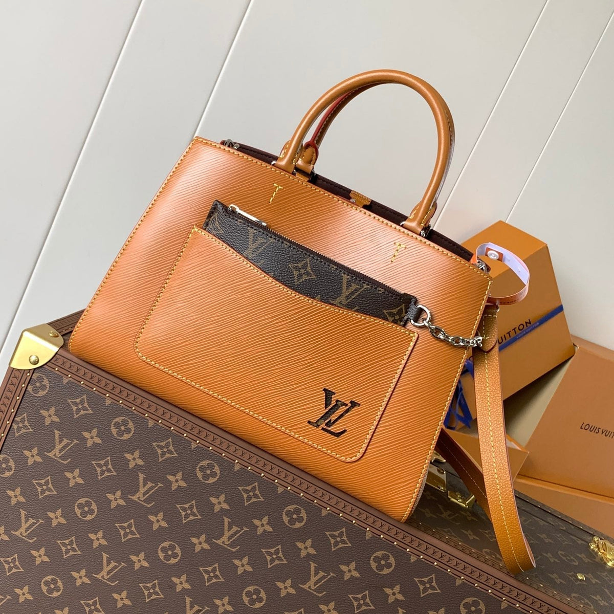 MARELLE TOTE BB BAG 30 IN BRONZE BROWN EPI GRAIN COWHIDE LEATHER
