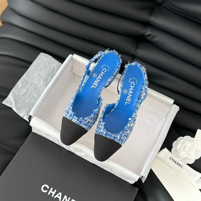 HIGH SLINGBACK IN COBALT BLUE TWEED AND BLACK LAMBSKIN
