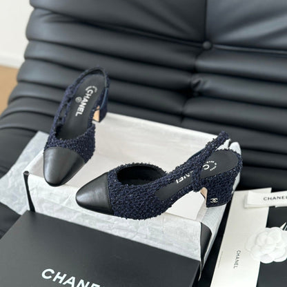 HIGH SLINGBACK IN NAVY BLUE TWEED AND BLACK LAMBSKIN