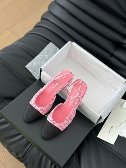 HIGH SLINGBACK IN LIGHT PINK TWEED AND BLACK LAMBSKIN