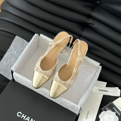 HIGH SLINGBACK IN BEIGE CREAM TWEED AND GOLDEN LAMBSKIN