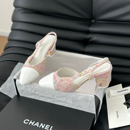 HIGH SLINGBACK IN LIGHT PINK TWEED MIX WHITE LAMBSKIN