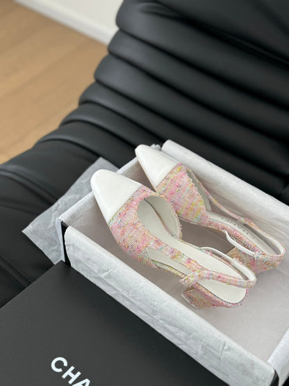 HIGH SLINGBACK IN LIGHT PINK TWEED MIX WHITE LAMBSKIN