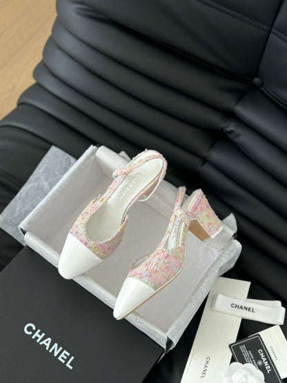 HIGH SLINGBACK IN LIGHT PINK TWEED MIX WHITE LAMBSKIN