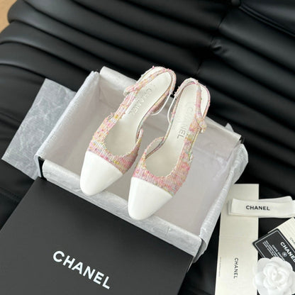 HIGH SLINGBACK IN LIGHT PINK TWEED MIX WHITE LAMBSKIN
