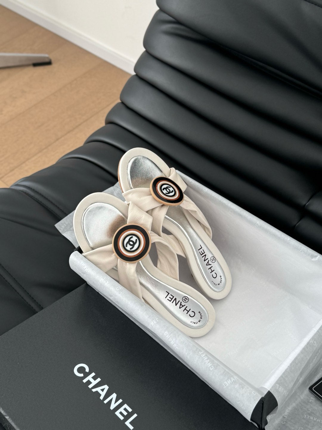 WHITE FABRIC CC SLIDE SANDALS