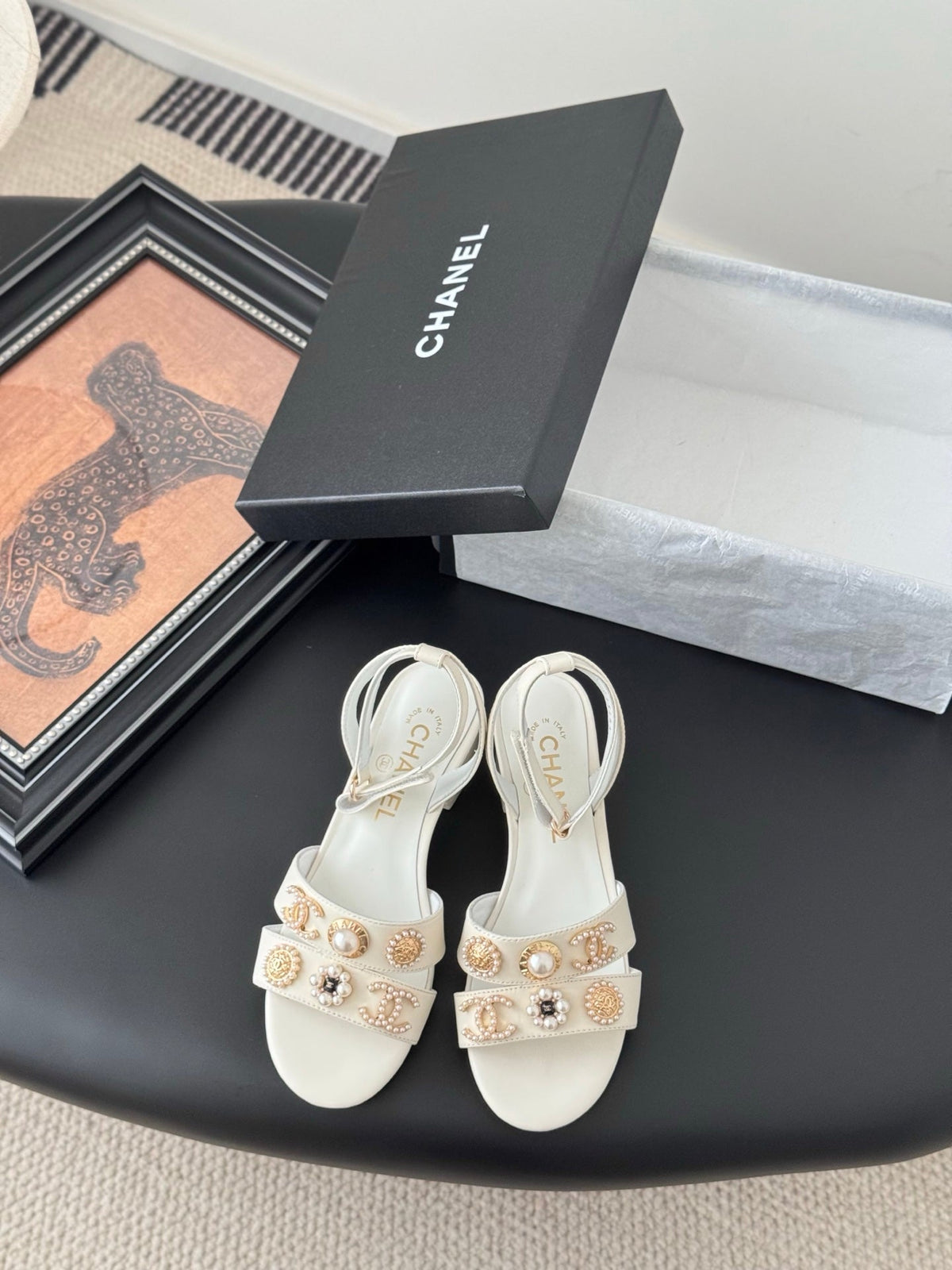 HIGH SANDALS IN WHITE TWEED WITH LOGO STICKER DETAIL
