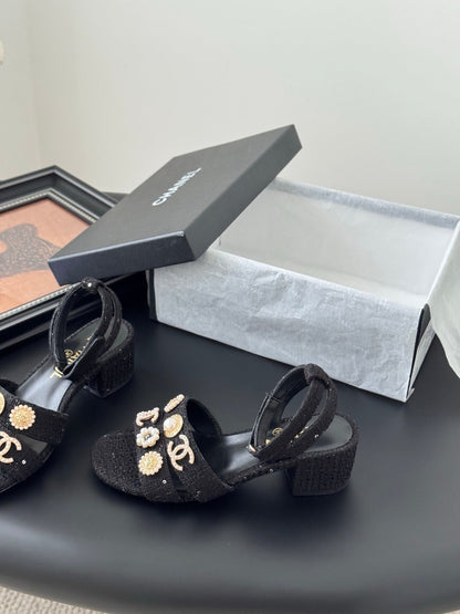 HIGH SANDALS IN BLACK TWEED WITH LOGO STICKER DETAIL