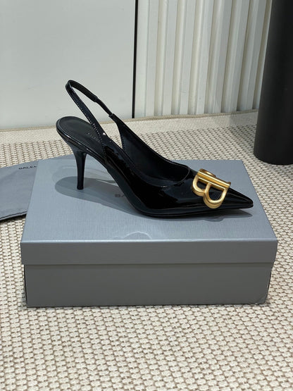 POINTED BB GOLD BUCKLE HIGH SLINGBACK 80MM IN BLACK PATENT CALFSKIN