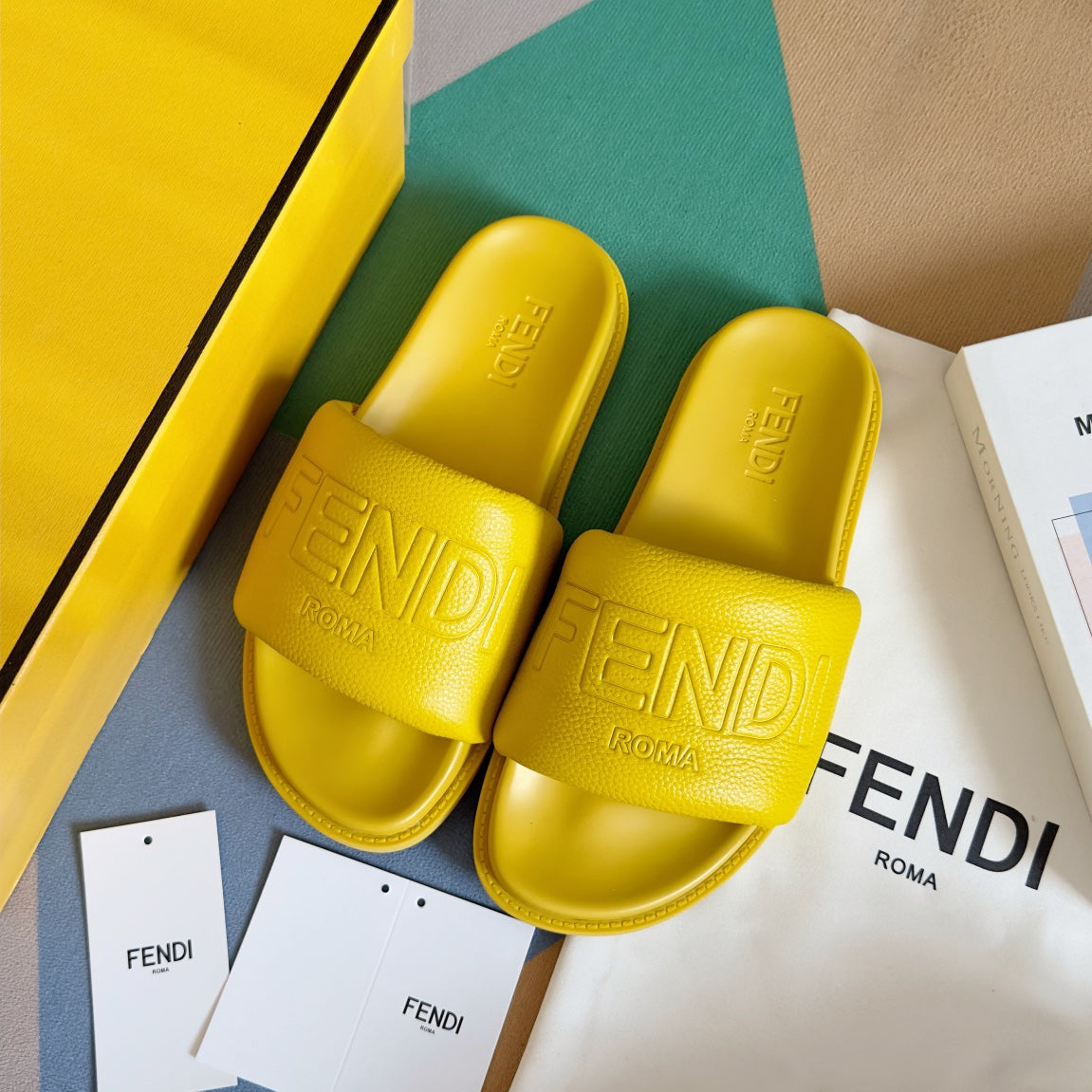 FENDI ROMA SLIDES IN SUNSHINE YELLOW FUSSBETT LAMBSKIN