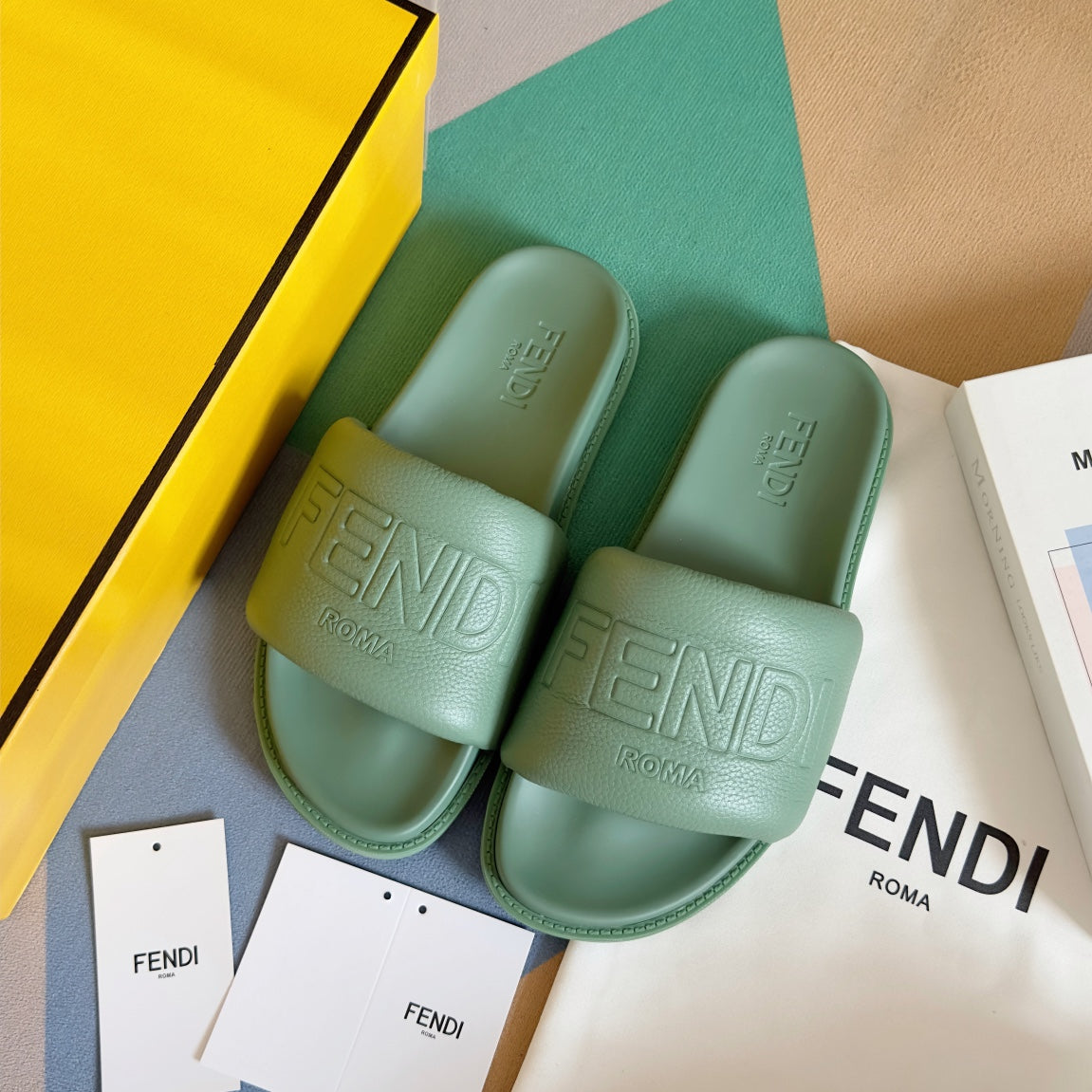FENDI ROMA SLIDES IN GREEN MINT FUSSBETT LAMBSKIN