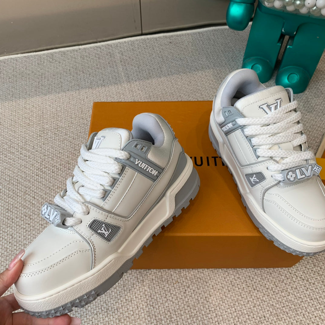 LV TRAINER MAXI SNEAKER IN WHITE MIX DOVE GRAY CALFSKIN
