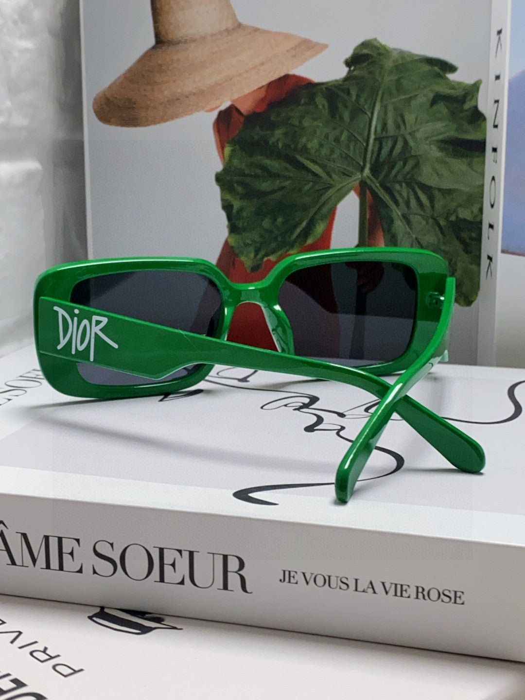 MONTAIGNE SUNGLASS 571594 IN GREEN ACETATE TEXT LOGO