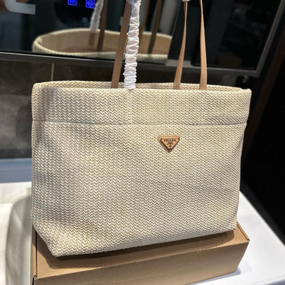 CROCHET TOTE BAG 38 IN BEIGE WOVEN RAFFIA BROWN CALFSKIN STRAP