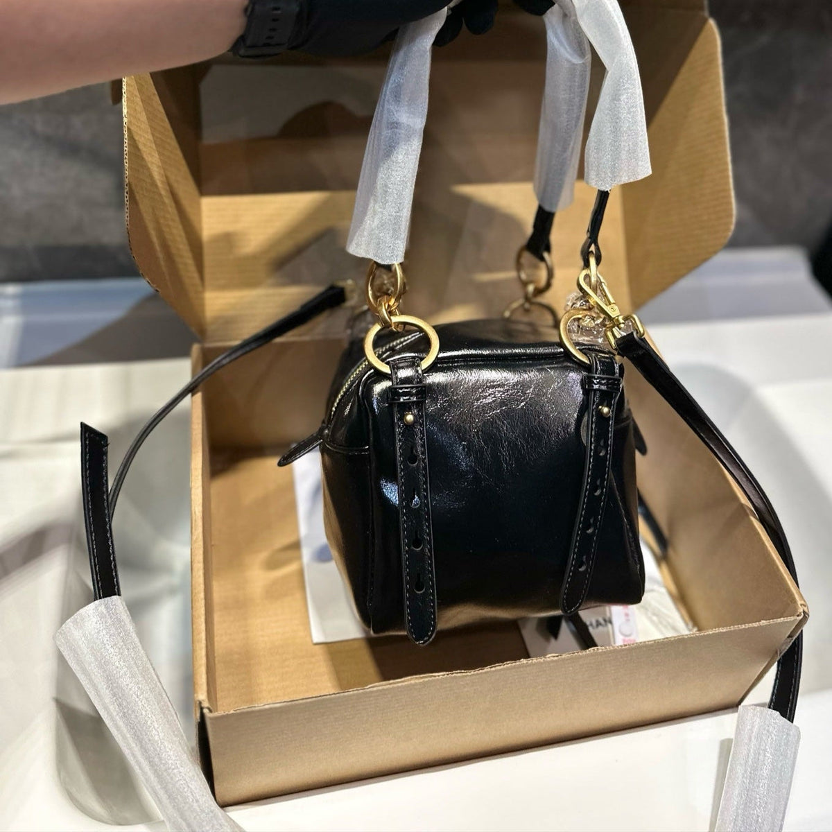 DANGLE TOP HANDLE MINI BAG 15 IN BLACK PATENT CALFSKIN