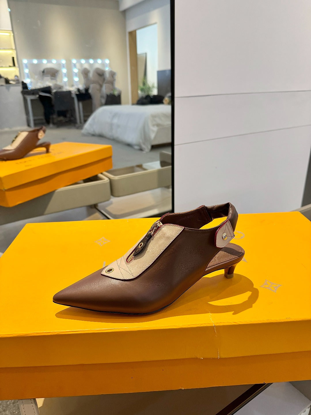 ALLURE HIGH 4.5 CM SLINGBACK IN CHOCOLATE MIX SAND BROWN CALFSKIN