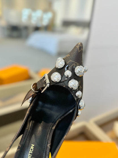 HIGH HEELS 95 MM IN CHOCOLATE BROWN MONOGRAM CALFSKIN WITH CRYSTALS