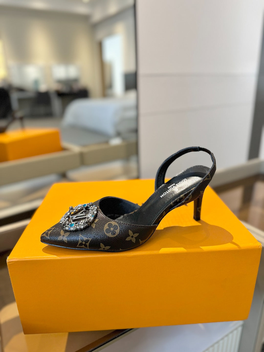 HIGH HEEL 75 MM SLINGBACK IN CHOCOLATE BROWN MONOGRAM CALFSKIN WITH CRYSTAL