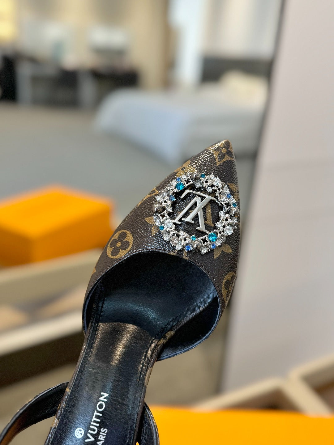 HIGH HEEL 75 MM SLINGBACK IN CHOCOLATE BROWN MONOGRAM CALFSKIN WITH CRYSTAL