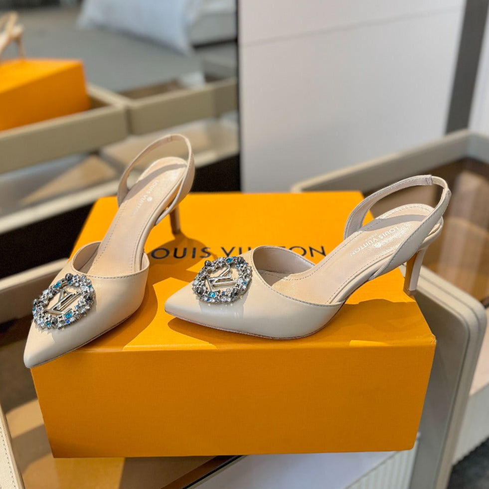 HIGH HEEL 75 MM SLINGBACK IN NUDE BEIGE CALFSKIN WITH CRYSTAL