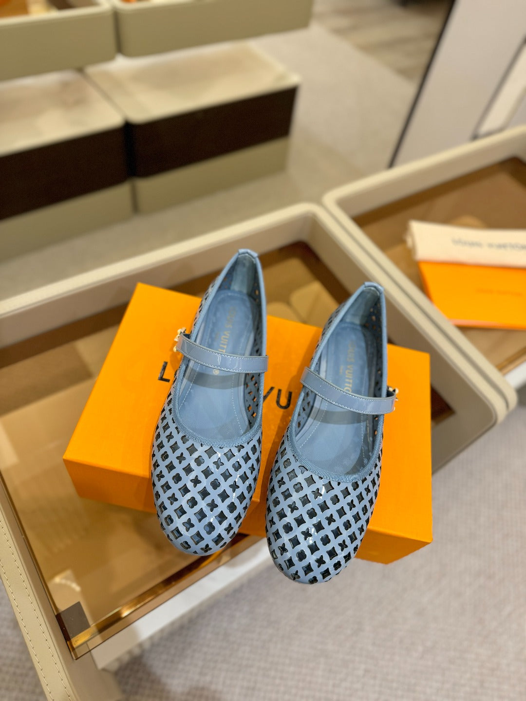 ROMY FLAT BALLERINA IN CERULEAN BLUE MESH PATENT CALFSKIN