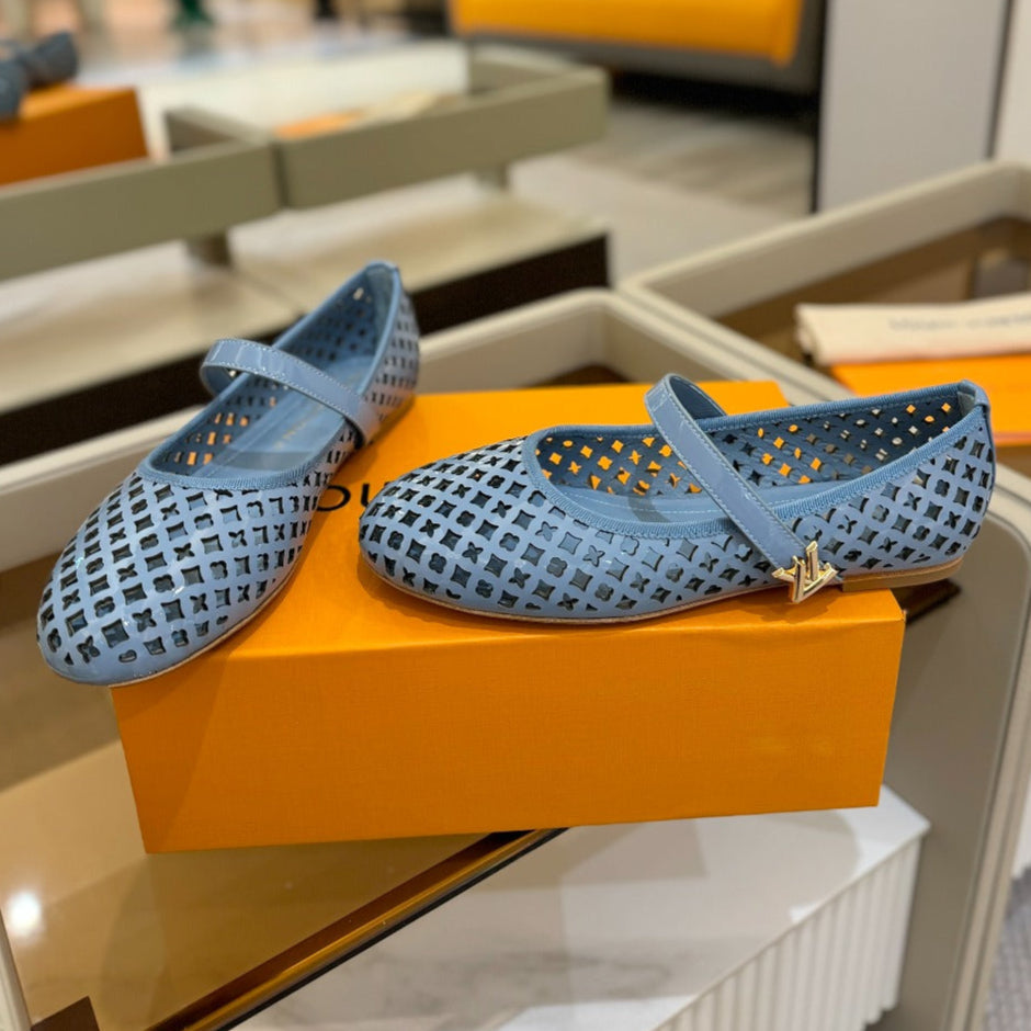 ROMY FLAT BALLERINA IN CERULEAN BLUE MESH PATENT CALFSKIN