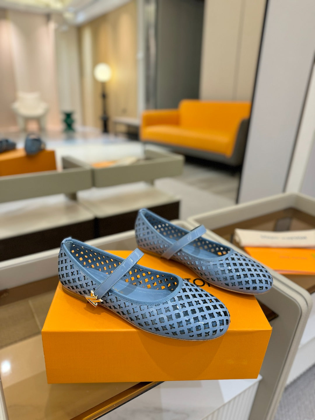 ROMY FLAT BALLERINA IN CERULEAN BLUE MESH PATENT CALFSKIN