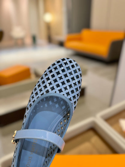 ROMY FLAT BALLERINA IN CERULEAN BLUE MESH PATENT CALFSKIN