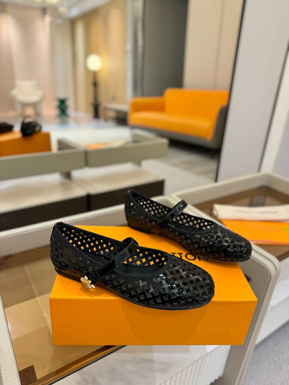 ROMY FLAT BALLERINA IN BLACK MESH PATENT CALFSKIN