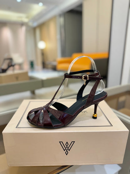 HIGH SANDALS 75 MM IN MAHOGANY RED PATENT CALFSKIN