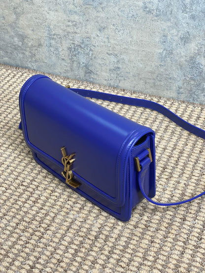 SOLFERINO SMALL SATCHEL 23 IN INDIGO BLUE CALFSKIN GOLD HARDWARE