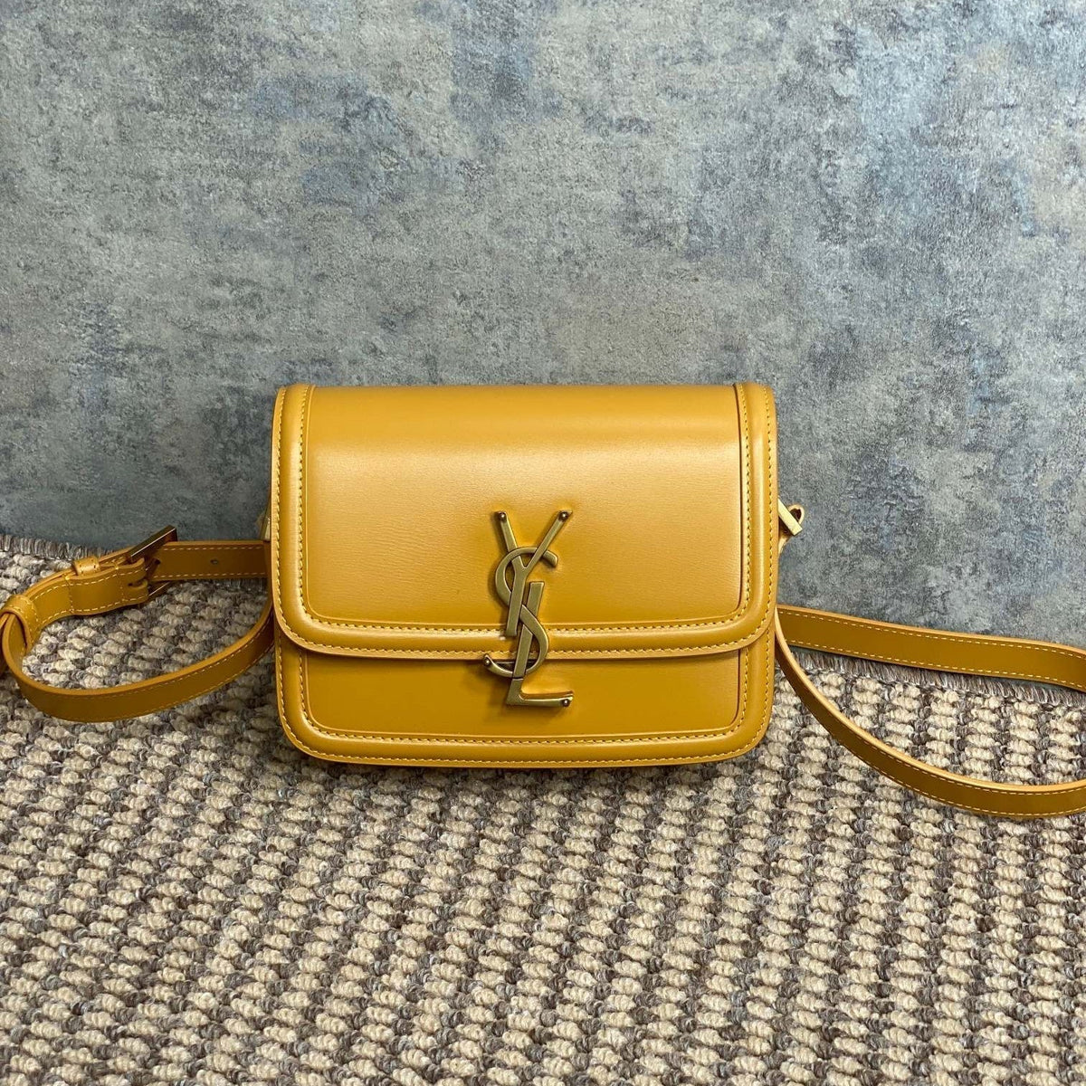 SOLFERINO SMALL SATCHEL 19 IN SAFFRON YELLOW CALFSKIN GOLD HARDWARE